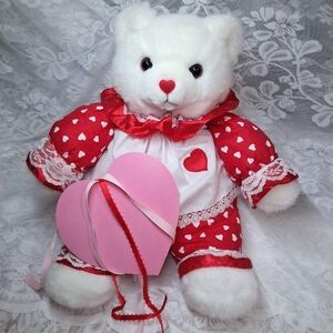 Valentines Day Bear Plush Hearts And Lace Apron White And Red